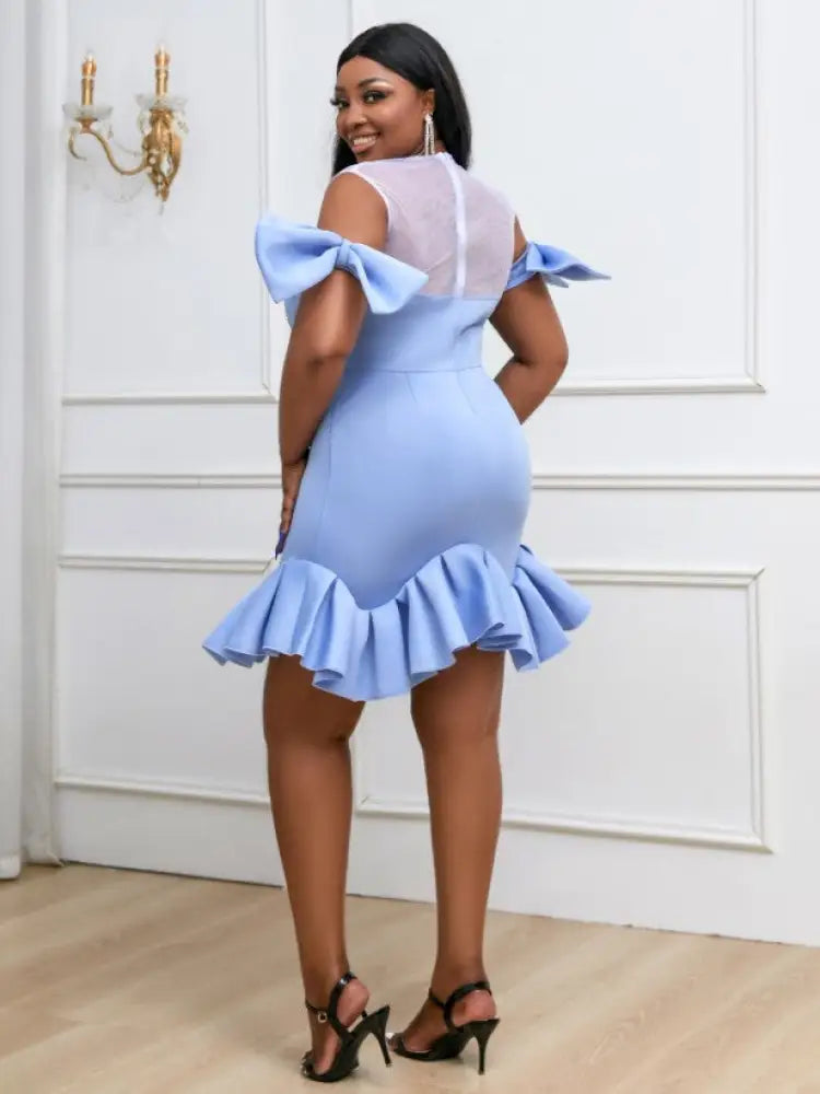 Blue Ruffles Beads Bowtie Party Dress Mini dress