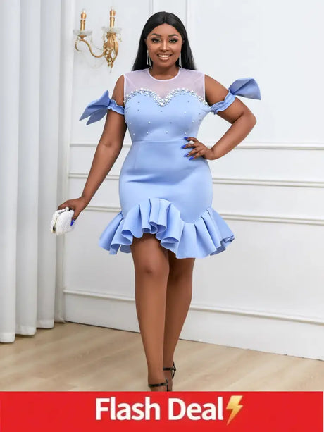 Blue Ruffles Beads Bowtie Party Dress Mini Blue / S dress