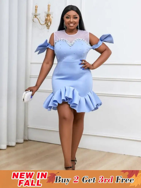 Blue Ruffles Beads Bowtie Party Dress Mini Blue / S dress