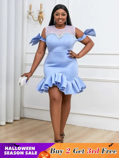 Blue Ruffles Beads Bowtie Party Dress Mini Blue / S dress