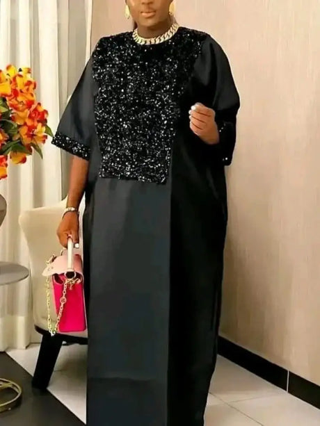 Bubu Kaftan Dress for Church African Women Shiny Sequined Traditional Africa Clothing Black / One Size