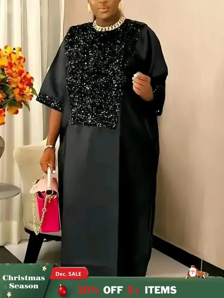 Bubu Kaftan Dress for Church African Women Shiny Sequined Traditional Africa Clothing Black / One Size
