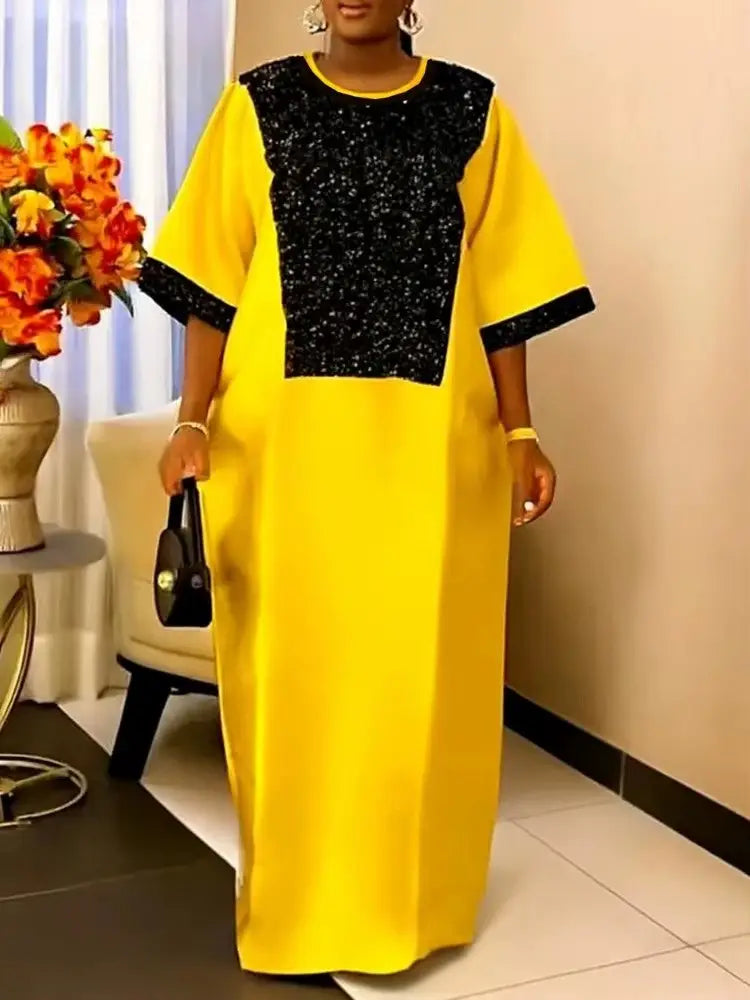 Bubu Kaftan Dress for Church African Women Shiny Sequined Traditional Africa Clothing Yellow / One Size