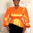 AOMEIDRESS Elegant Women Shiny Tops V Neck Puff Sleeves Peplum Hem Orange / S