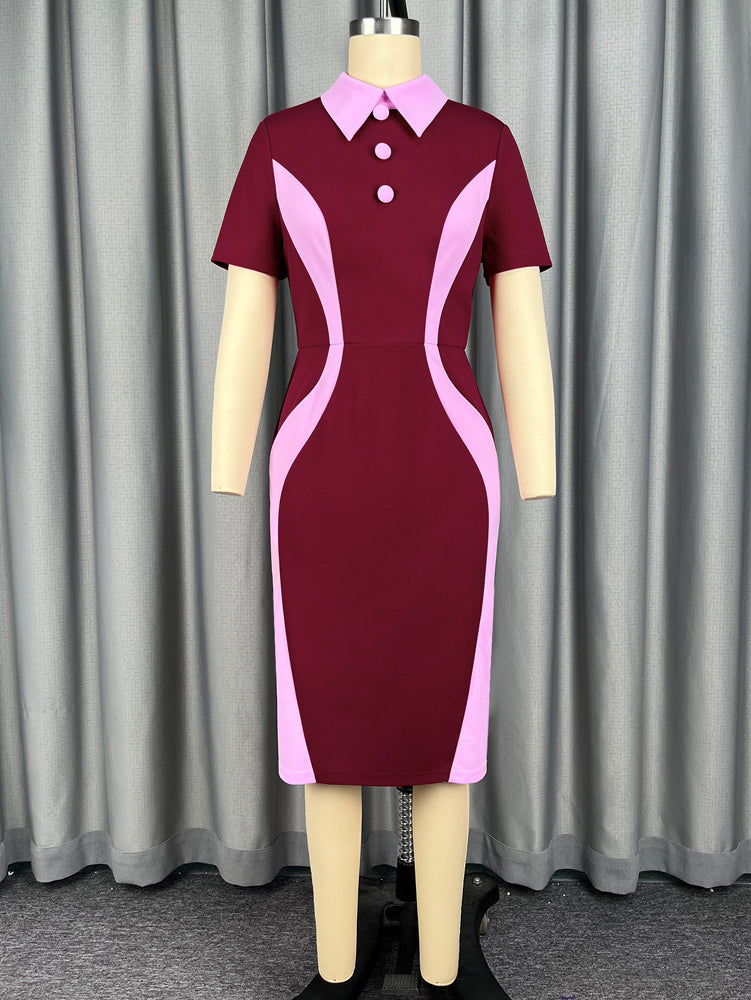 AOMEIDRESS Women Bodycon Dress Colorblock Shirt Collar Short Sleeve