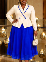 AOMEIDRESS Elegant A Line Dress Lapel Collar Long Sleeve Mesh Hem