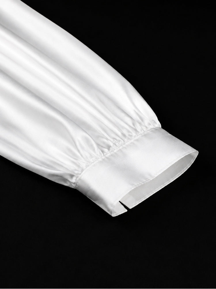 AOMEIDRESS Elegant Women Shirt Dress Short Sleeve Satin Spliced Lace