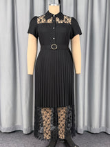 AOMEIDRESS Women A Line Dress Sheer Lapel Collar Pleated Lace Button