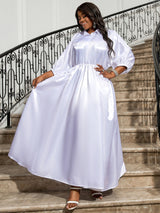 AOMEI White Loose Shirt Dress Maxi Short Lantern Sleeves Waist Elastic Waist Button Turn Down Collar