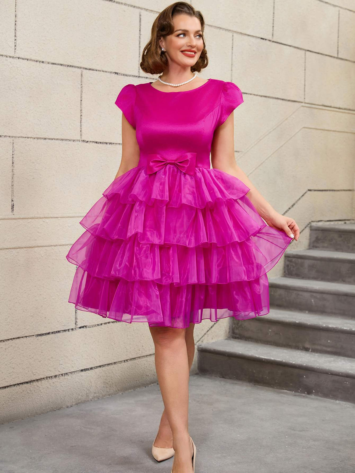 AOMEIDRESS Vintage Layered A Line Dress with Bow Detail and Classic Round Neck

