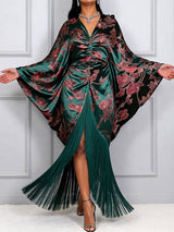 AOMEIDRESS Satin Printer BuBu Dress V Neck Long Batwing Sleeve Fringe