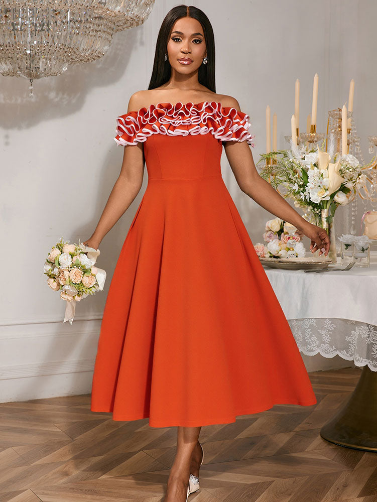 AOMEIDRESS Orange A Line Off Shoulder Dress Slash Neck 3D Ruffles