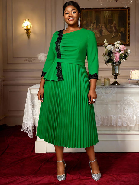 AOMEIDRESS Colorblock A Line Pleated Church Dress Lace Trim Peplum