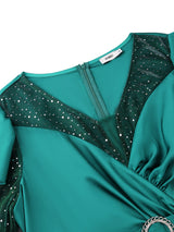 AOMEIDRESS Satin Dress V Neck Sequin Mesh Puff Ruffle Long Sleeve
