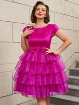 AOMEIDRESS Retro A Line Tiered Dress with Bow Round Neck Design
