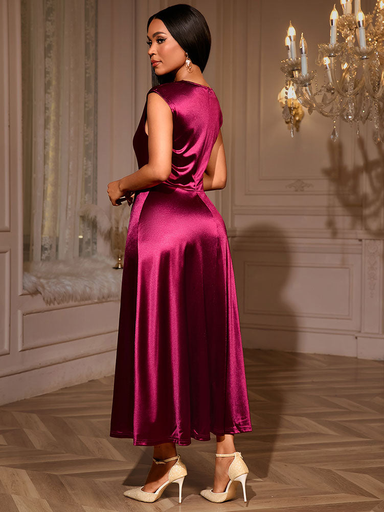 AOMEIDRESS Elegant Satin Sleeveless Dress Side Slit 3D Flower Gowns