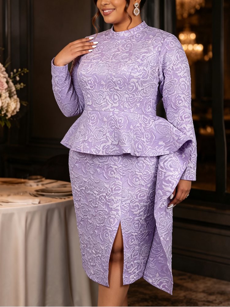 AOMEIDRESS Jacquard Bodycon Dress Mock Neck Long Sleeve Peplum Ruffle
