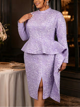 AOMEIDRESS Jacquard Bodycon Dress Mock Neck Long Sleeve Peplum Ruffle