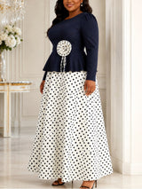 AOMEIDRESS Dress Set O Neck 3/4 Sleeve 3D Floral Top Pleated Skirt