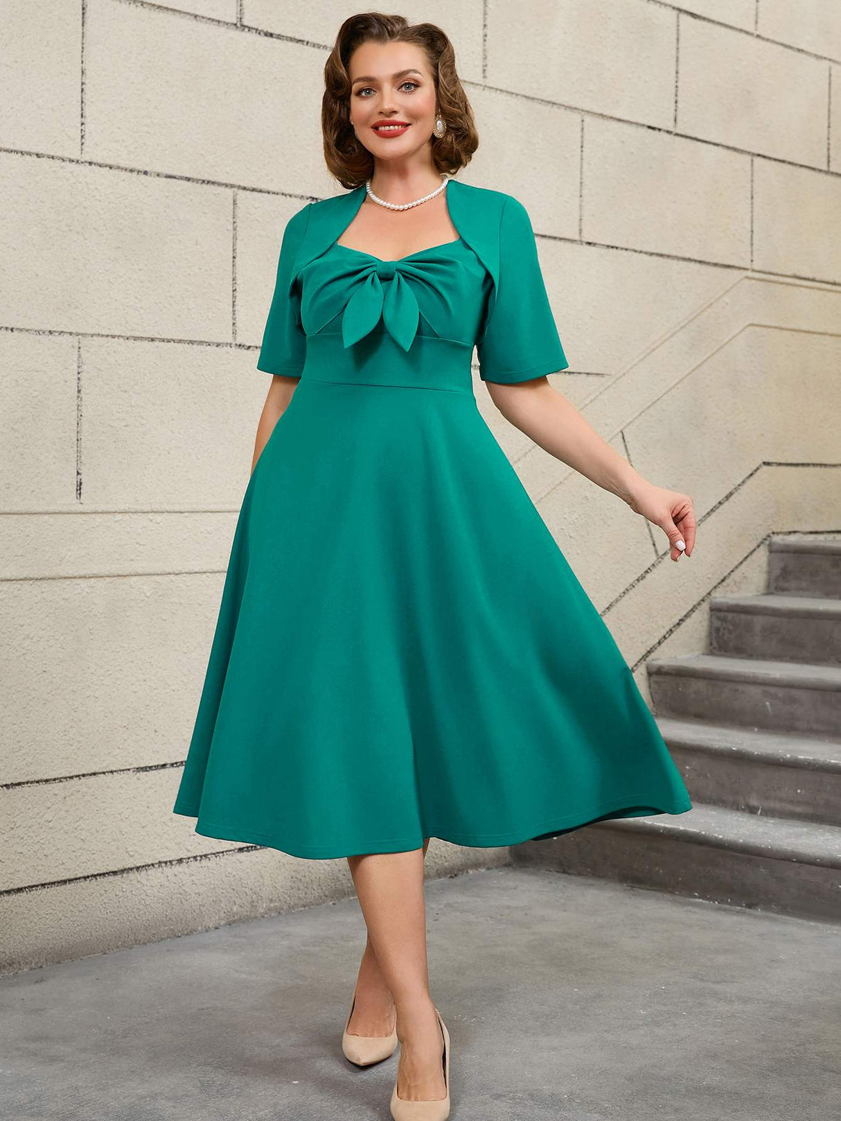 AOMEIDRESS Green Short Sleeve A Line Dress with 3D Bow Design
