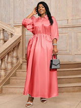 AOMEIDRESS Pink Satin Shirt Dress Elastic A Line Puff Sleeves Waist