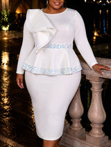 AOMEIDRESS Elegant Sequin Dress O Neck Ruffle Long Sleeves Peplum