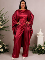 AOMEIDRESS Satin Two Piece Set Batwing Sleeve Dressy Wide Leg Pants