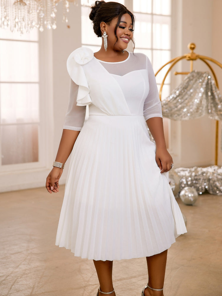 AOMEIDRESS Pleated Dress O Neck Ruffles Flower Tulle Sleeve Patchwork