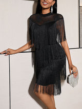 AOMEIDRESS Chic Black Fringe Dress Sheer Neckline Package Hip Gowns Black / S