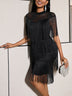 AOMEIDRESS Chic Black Fringe Dress Sheer Neckline Package Hip Gowns Black / S