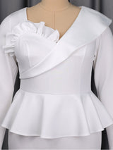 AOMEIDRESS Elegant Mermaid Dress V Neck Long Sleeve Ruffle Peplum