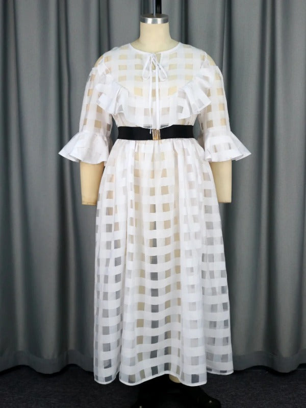 White Long Dresses for Women Gauze Plaid Perspective Flare Sleeves