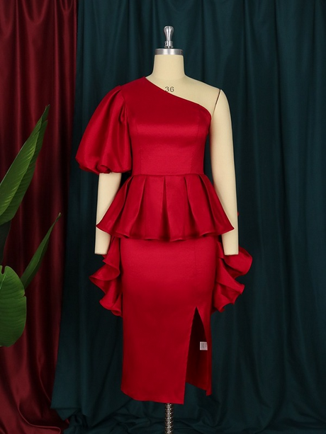 AOMEI One Shoulder Puff Sleeve Ruffles Birthday Midi Dresses Red / S