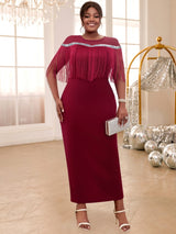 AOMEIDRESS Burgundy Party Dresses O Neck Tulle Patchwork Fringe