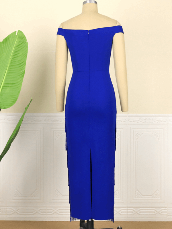 AOMEI Maxi Off Shoulder Blue Tassel Dress Maxi