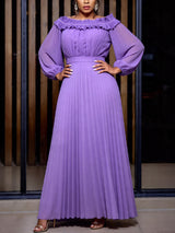 AOMEIDRESS A Line Pleated Chiffon Dress Off The Shoulder Puff Sleeves