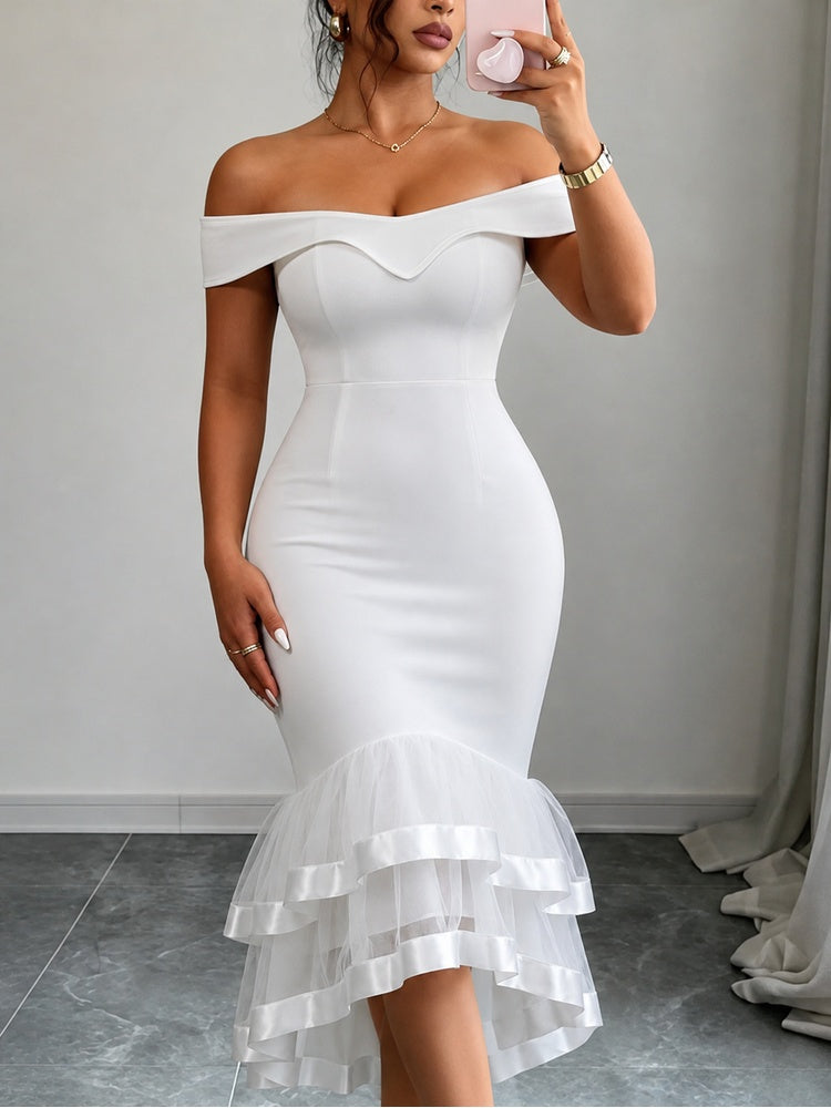 AOMEIDRESS Women Elegant Off Shoulder Mermaid Dress Tiered Ruffle