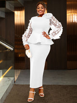 AOMEIDRESS Elegant White Wedding Party Dress 3D Flower Sheer Sleeve