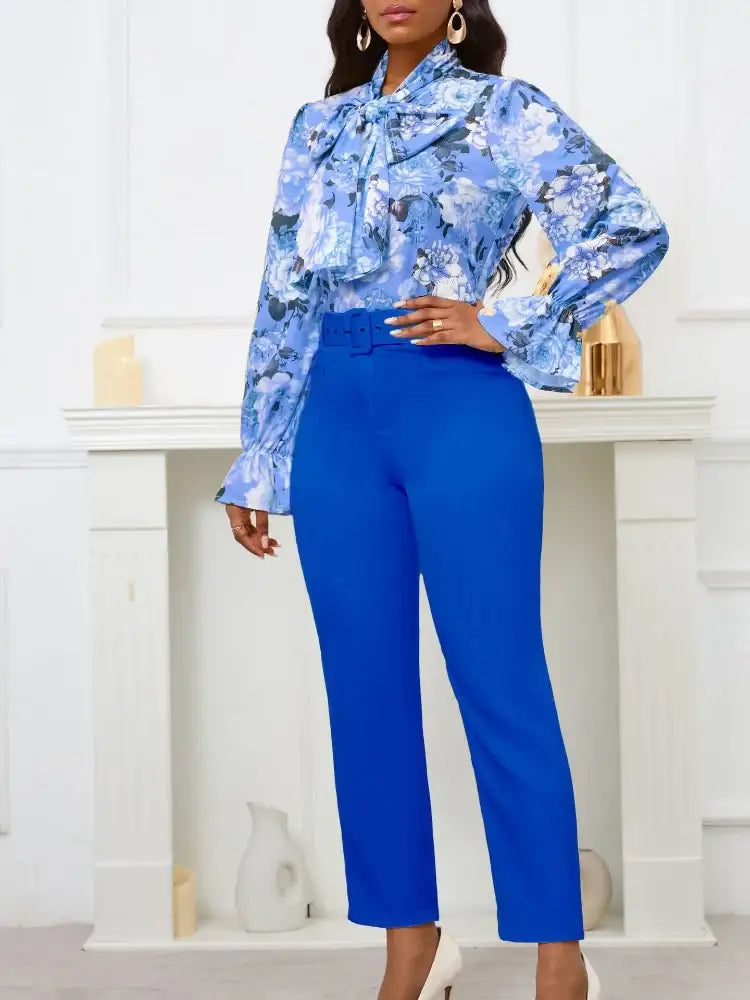 Chic Elegant Women Two Pieces Set Lace Up Bow Long Sleeve Printed Blouse Pants Blue / S