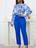 Chic Elegant Women Two Pieces Set Lace Up Bow Long Sleeve Printed Blouse Pants Blue / S