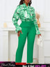 Chic Elegant Women Two Pieces Set Lace Up Bow Long Sleeve Printed Blouse Pants Green / S