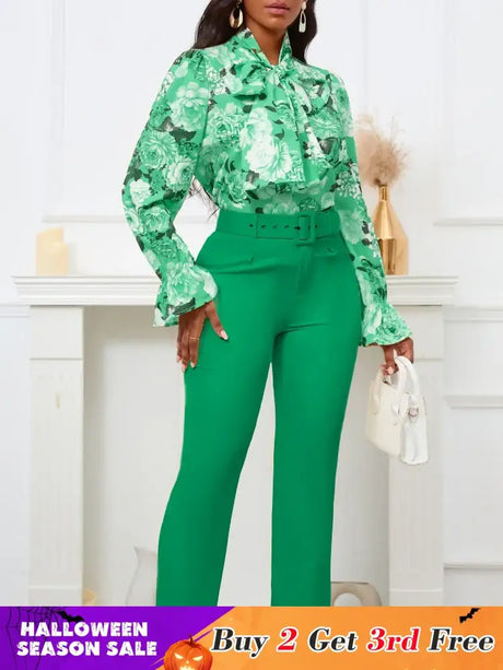 Chic Elegant Women Two Pieces Set Lace Up Bow Long Sleeve Printed Blouse Pants Green / S
