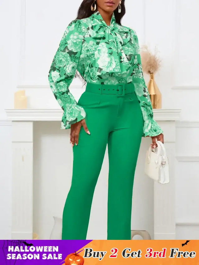 Chic Elegant Women Two Pieces Set Lace Up Bow Long Sleeve Printed Blouse Pants Green / S