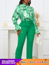 Chic Elegant Women Two Pieces Set Lace Up Bow Long Sleeve Printed Blouse Pants Green / S