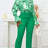Chic Elegant Women Two Pieces Set Lace Up Bow Long Sleeve Printed Blouse Pants Green / S