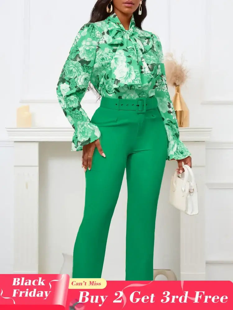Chic Elegant Women Two Pieces Set Lace Up Bow Long Sleeve Printed Blouse Pants Green / S