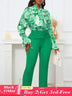 Chic Elegant Women Two Pieces Set Lace Up Bow Long Sleeve Printed Blouse Pants Green / S