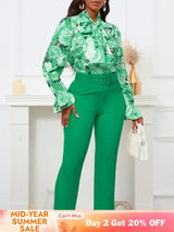 Chic Elegant Women Two Pieces Set Lace Up Bow Long Sleeve Printed Blouse Pants Green / S