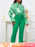Chic Elegant Women Two Pieces Set Lace Up Bow Long Sleeve Printed Blouse Pants Green / S