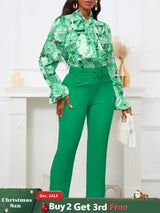 Chic Elegant Women Two Pieces Set Lace Up Bow Long Sleeve Printed Blouse Pants Green / S